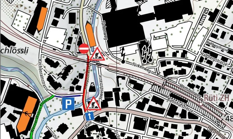 Ende Monat kommt es wegen Belagsarbeiten zu einer Sperrung der Werner-Weber-Strasse in Rüti. Rüti, Sperrung der Werner-Weber-Strasse.